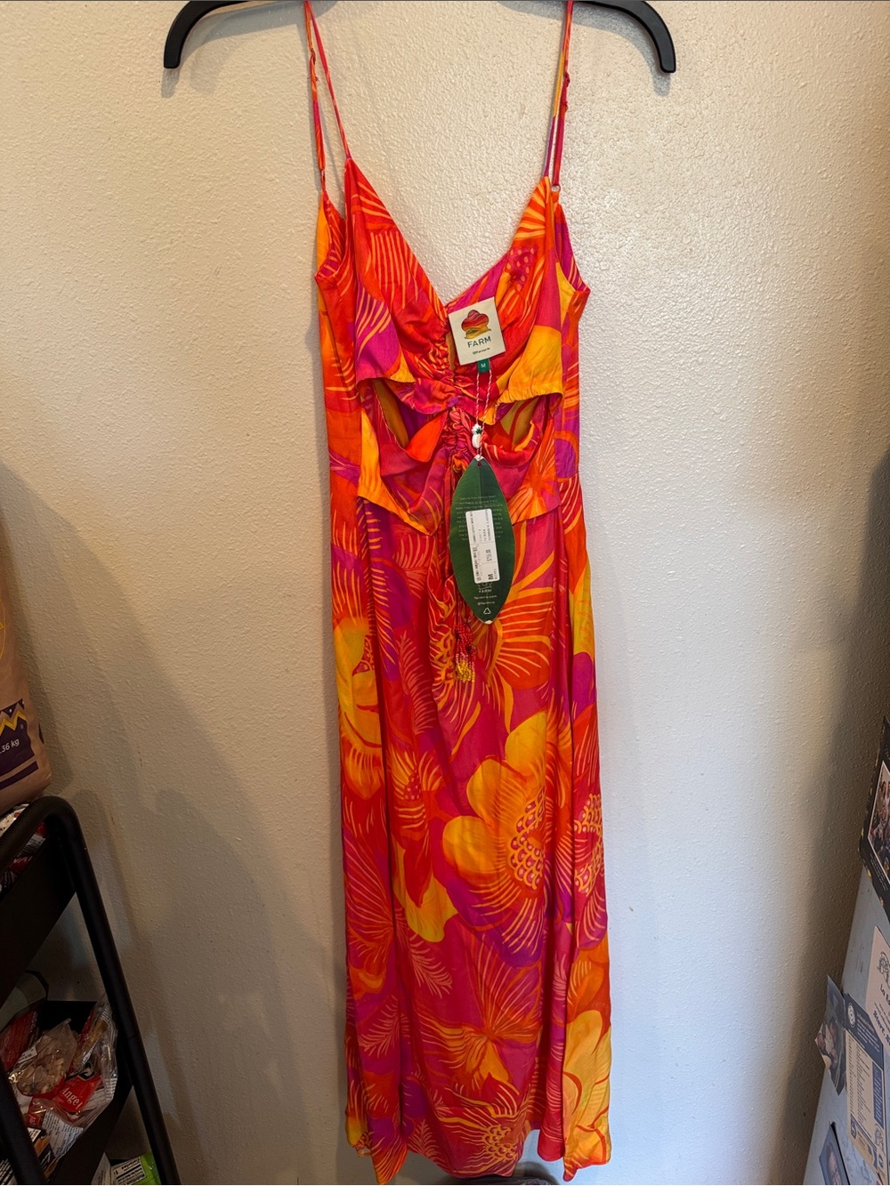 Rare FARM Rio Ombré Pink, Orange & Yellow Floral Midi Dress